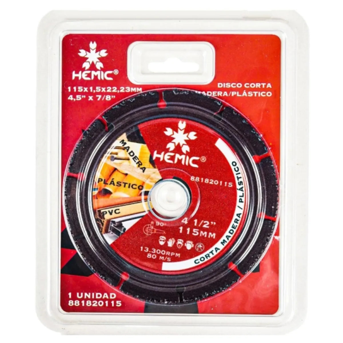 DISCO CORTE MADERA PLASTICO YESO 115MM HEMIC