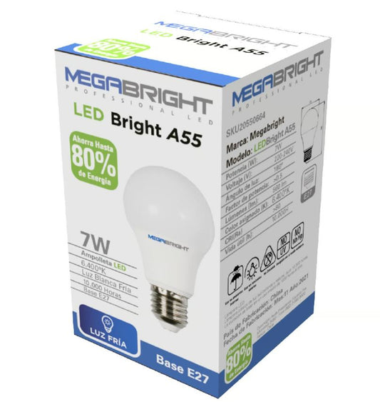 AMPOLLETA LED 7W 6400K A55 LUZ FRIA MEGABRIGHT