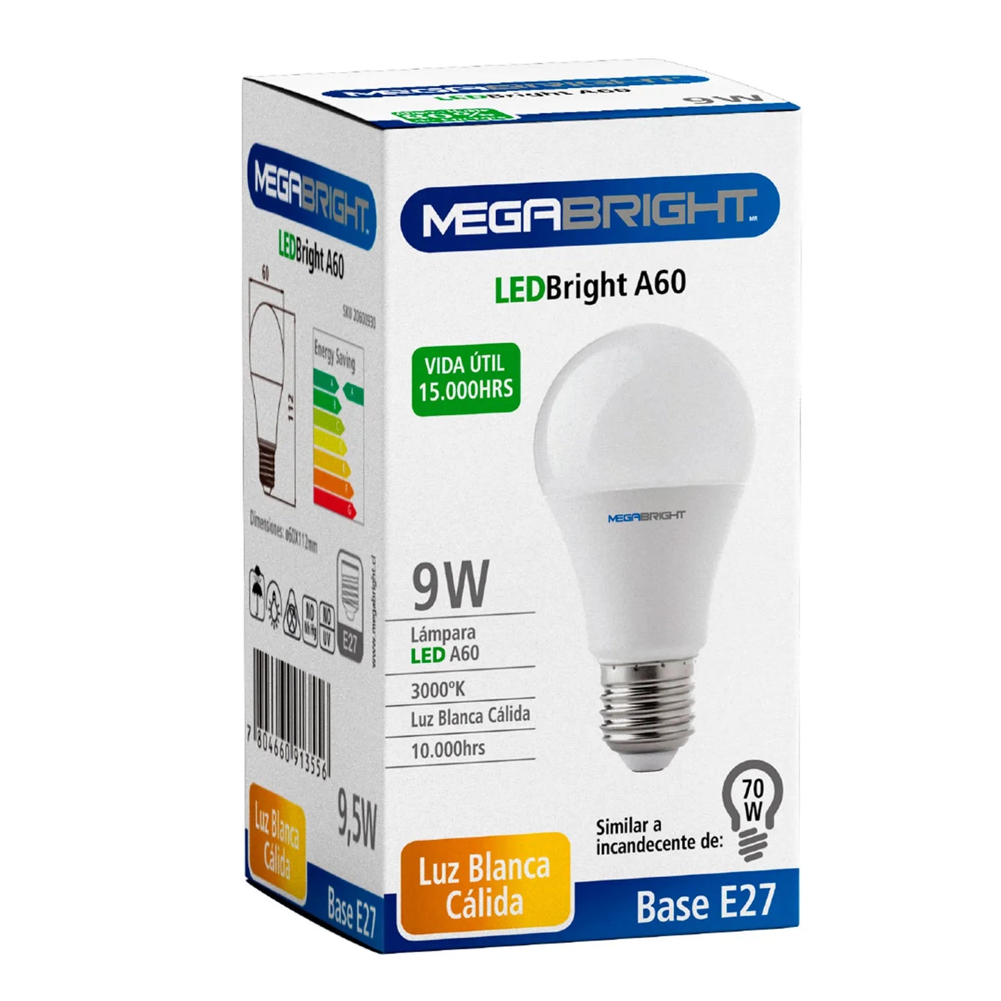 AMPOLLETA LED 9W 3000K A60 LUZ CALIDA MEGABRIGHT