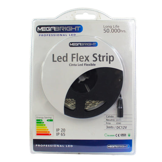 CINTA LED FLEXIBLE LUZ CALIDA 14.4W 3MTS 12V CON DRIVER MEGABRIGHT