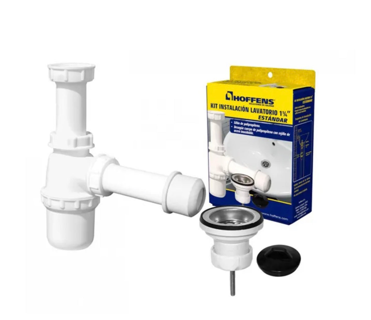 KIT INSTALACION SIFON LAVATORIO 1.1/4 + DESAGUE CON REJILLA INOXIDABLE HOFFENS