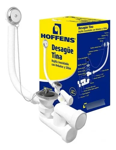 DESAGUE TINA COMPLETO REJILLA INOXIDABLE CON REBALSE Y SIFON HOFFENS