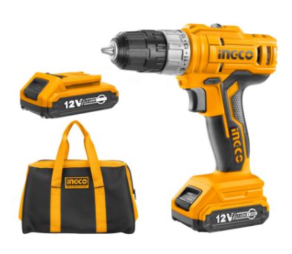 TALADRO - DESTORNILLADOR INALAMBRICO 12 V + CARGADOR + 2 BATERIA + BOLSO INGCO
