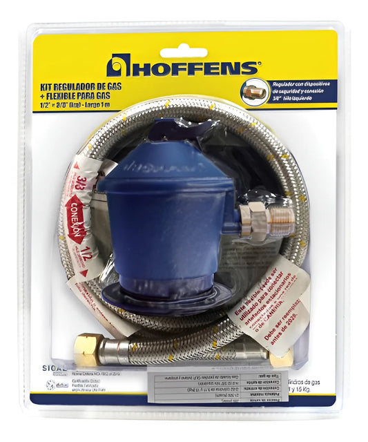 KIT REGULADOR DE GAS + FLEXIBLE METALICO HOFFENS CERT BLISTER